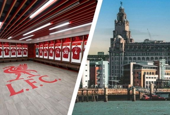 Split Photo Showing a Hotel Room and the Liverpool Anfield Changing Room
