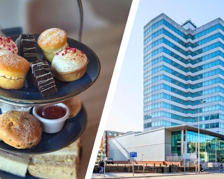 Split photo showing an afternoon tea and the front of holland house hotel cardiff