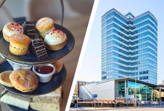 Split photo showing an afternoon tea and the front of holland house hotel cardiff