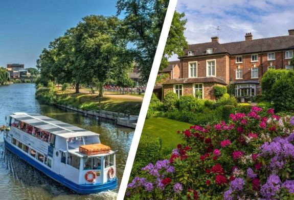 Split photo showing a shropshire river cruise and the best western valley hotel in ironbridge