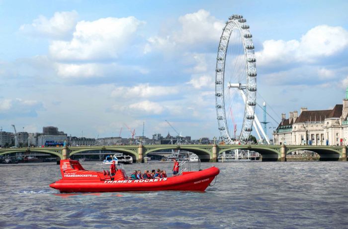 a thames rockets ultimate speedboat experience on the thames in london with the london eye in the background