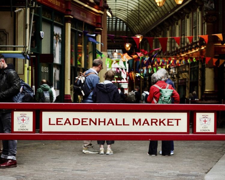 tour group at leadenhall market on british empire walking tour in london
