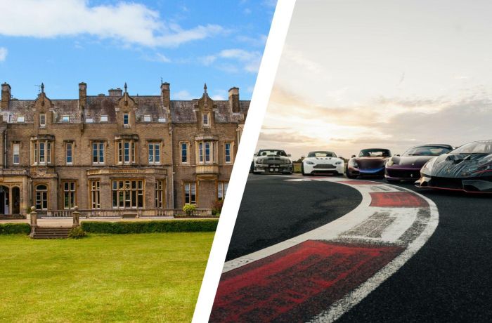 Split photo of shendish manor and supercars on track