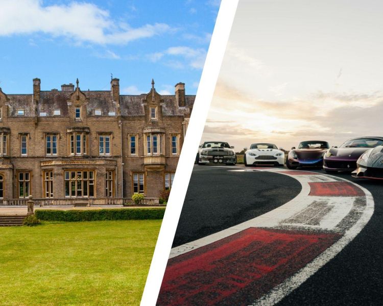 Split photo of shendish manor and supercars on track