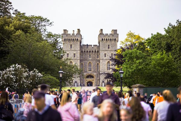 crowds of people with a castle in the background with trees either side