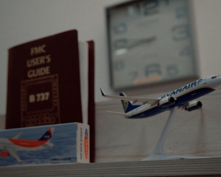 a model of a ryanair aircraft on a shelf at deeside flight simulators