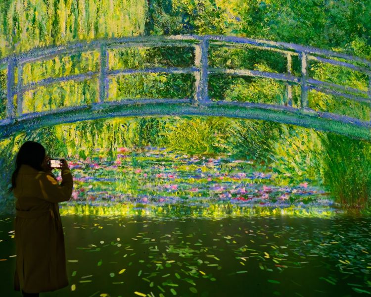 person looking at the waterlily pond by claude monet at the frameless immersive art exhibition in london