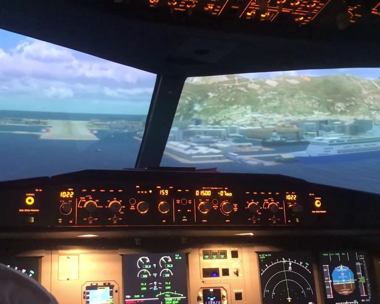 the cockpit of an airbus flight simulator at Deeside