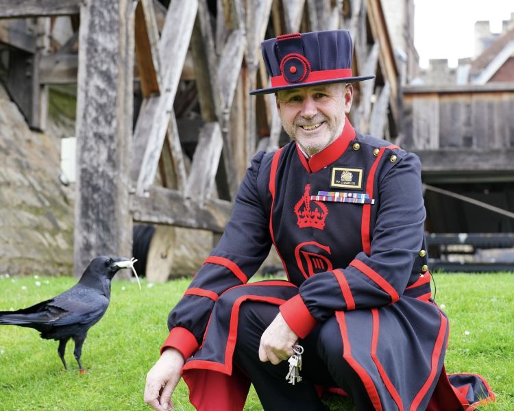 a guard with a black raven at the tower of london