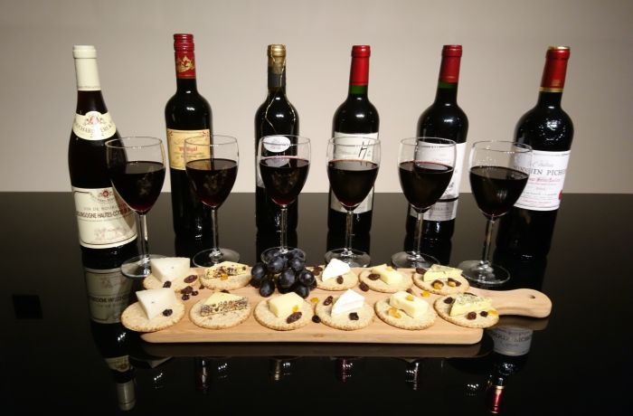 bottles of red wine with a platter of cheese and crackers on a wine tasting experience with wine cottage