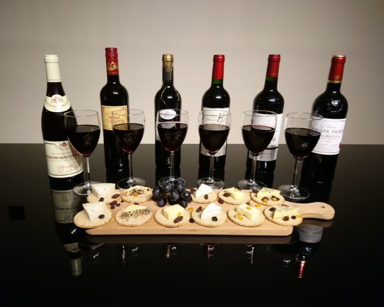 bottles of red wine with a platter of cheese and crackers on a wine tasting experience with wine cottage