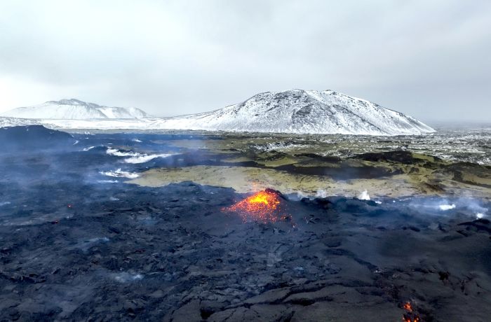 volcano eruption seen on a remote drone flying experience