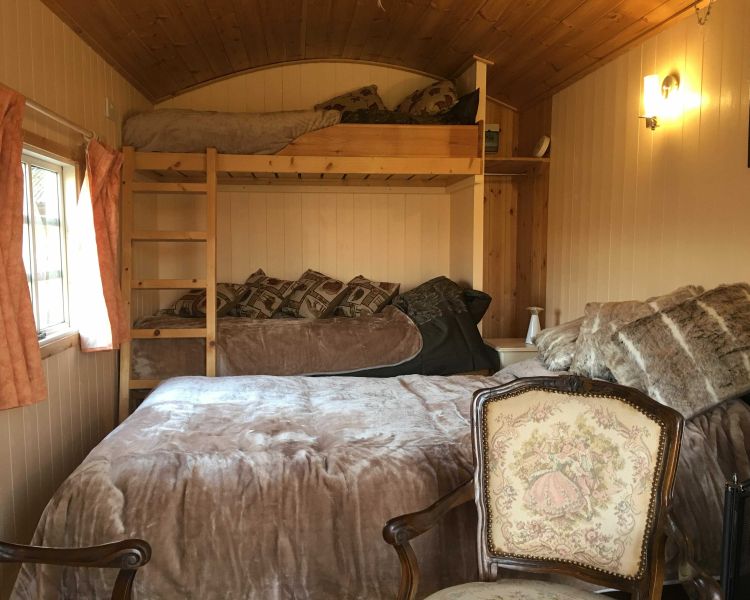 the beds inside a shepherds hut set in the grounds of devon yurts