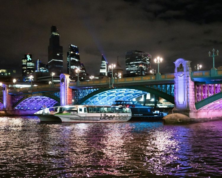A lit bridge the city in background
