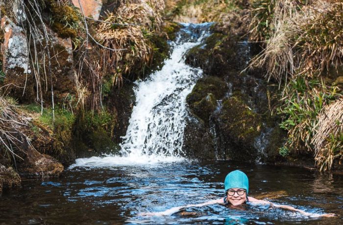 Swimming with waterfalls