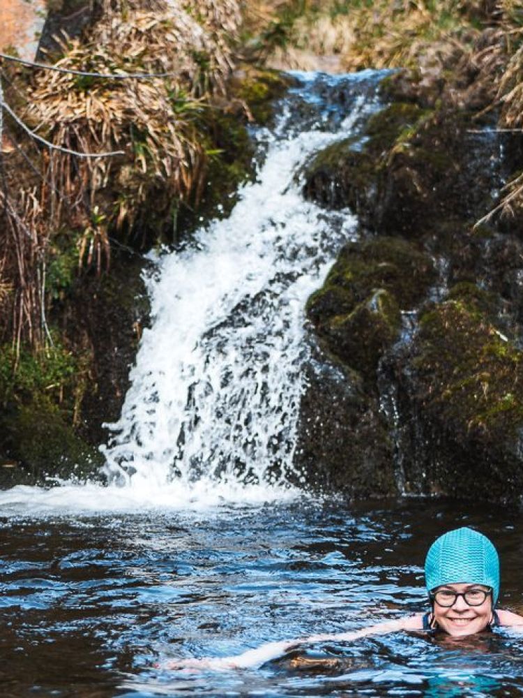 Swimming with waterfalls