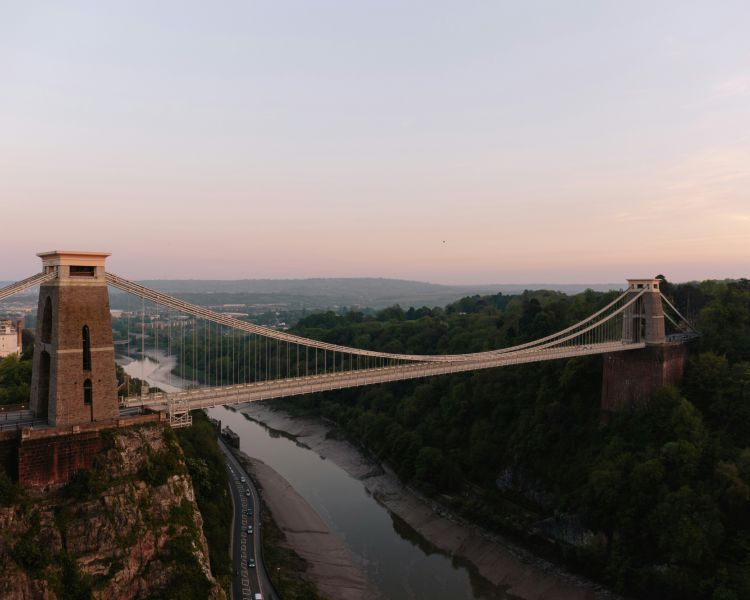 View of clifton suspension bridge at sunset in bristol