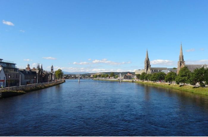 View from castle hill of the river ness downtown inverness and the inverness cathedral