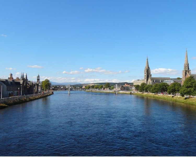 View from castle hill of the river ness downtown inverness and the inverness cathedral