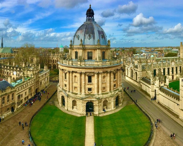 Panoramic view of the oxford skyline against a blue sky