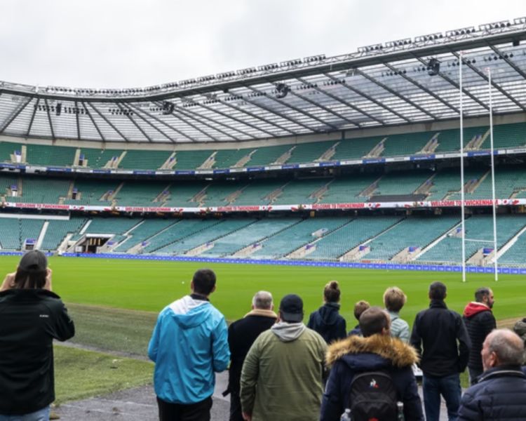 visitors pitch side on a twickenham stadium tour on a london break for two