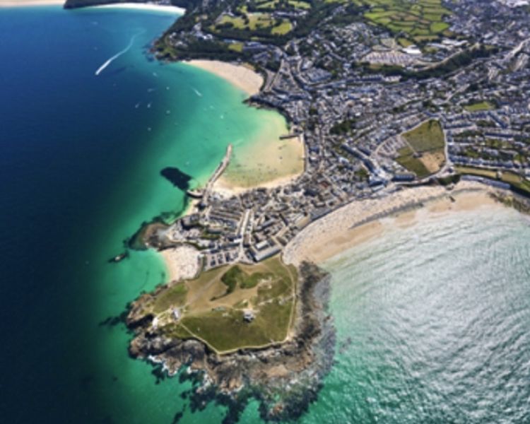 aerial view of the st ives coastline seen from a helicopter