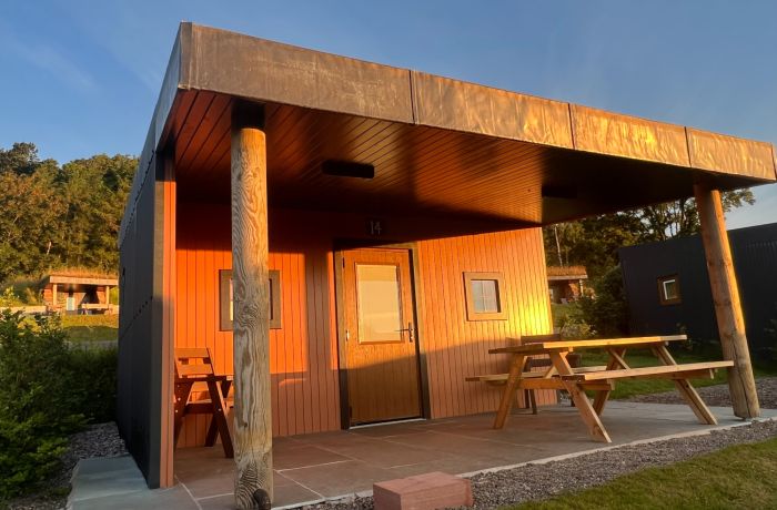 the front of the wooden glamping hut in the lake district