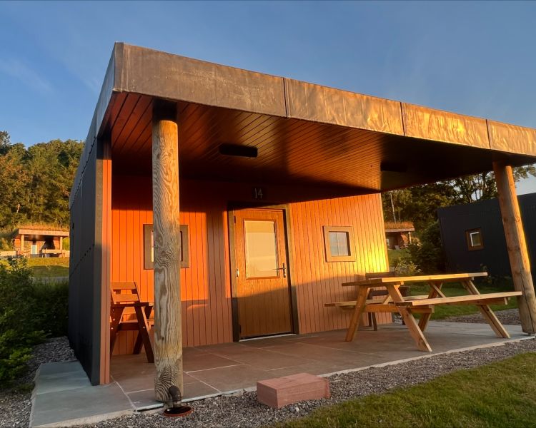 the front of the wooden glamping hut in the lake district