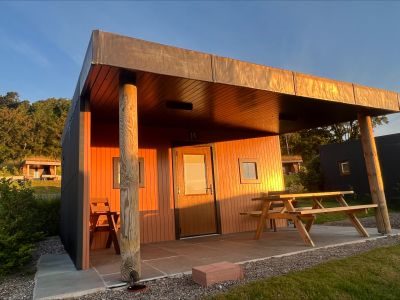 the front of the wooden glamping hut in the lake district