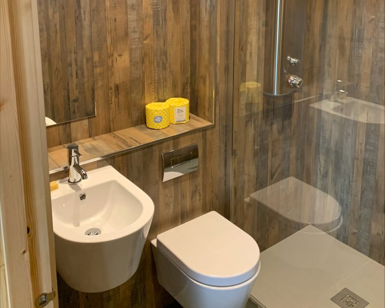 bathroom with sink, toilet and shower in the glamping hut in the lake district
