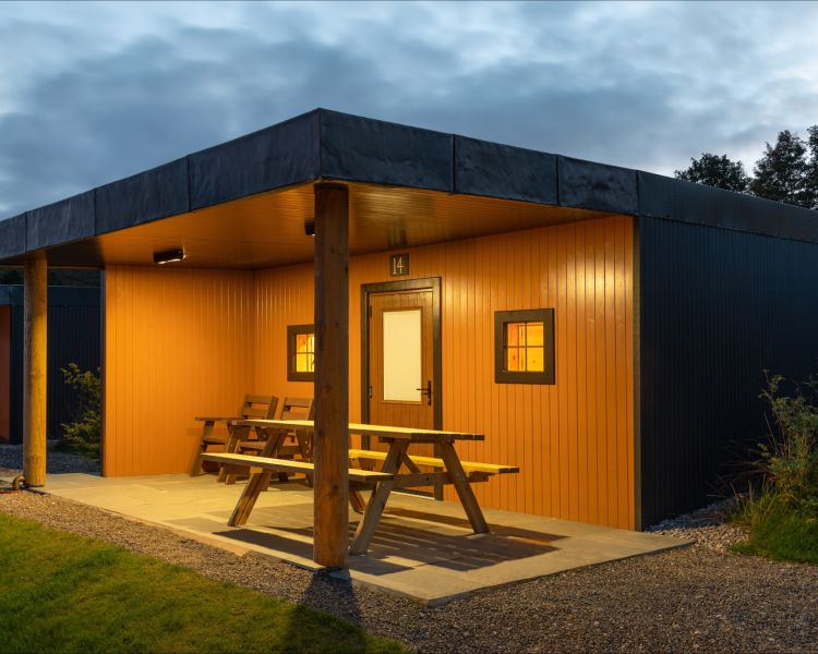 the front of the glamping hut in the lake district at dusk