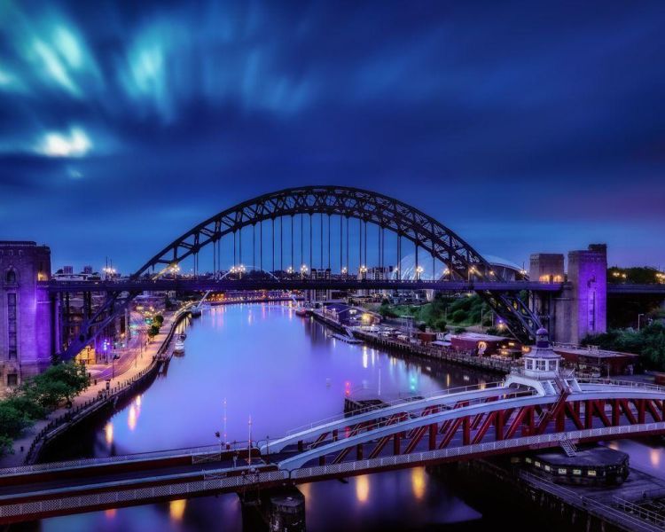 Looking down the river tyne at twilight in newcastle