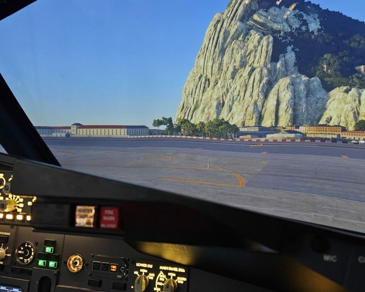 view of gibraltar airport seen on a Boeing 737 - 800NG flight simulator experience