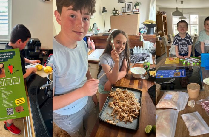 a trio of photos showing children having a go at cooking using a recipe box delivered to their home full of the ingredients they need