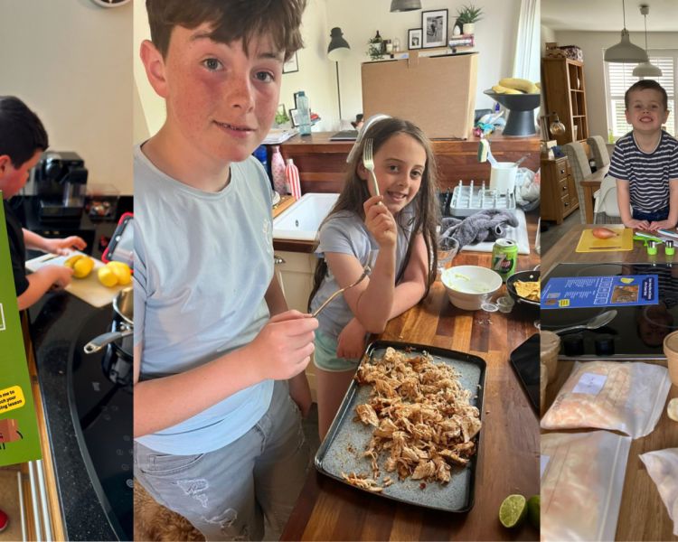a trio of photos showing children having a go at cooking using a recipe box delivered to their home full of the ingredients they need