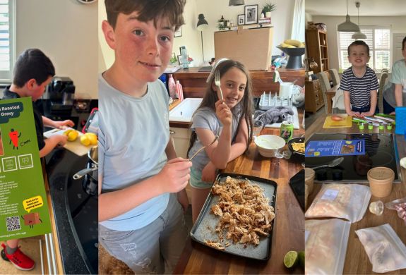 a trio of photos showing children having a go at cooking using a recipe box delivered to their home full of the ingredients they need