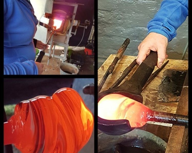 a collage of images showing the glassblowing process