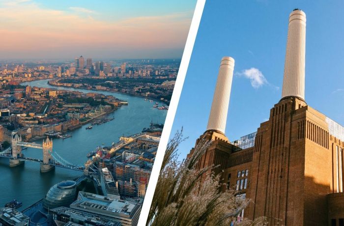 Split photo showing the london skyline and the battersea power station where lift 109 is located