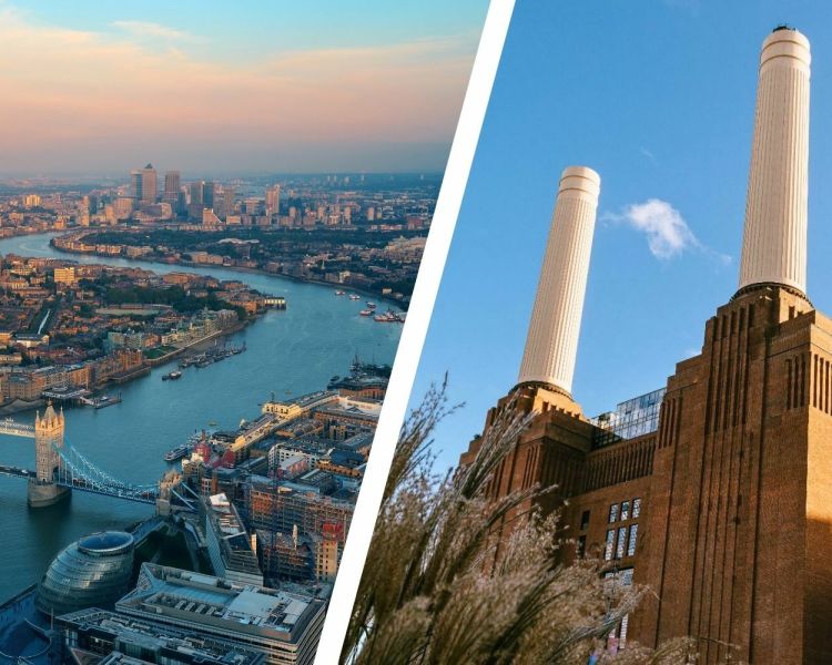 Split photo showing the london skyline and the battersea power station where lift 109 is located