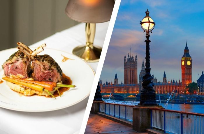 Split photo showing a meal at london steakhouse company and a london street scene at night