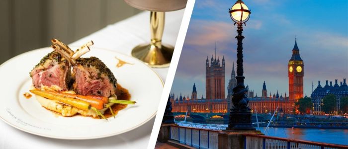 Split photo showing a meal at london steakhouse company and a london street scene at night