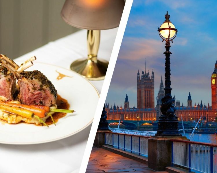 Split photo showing a meal at london steakhouse company and a london street scene at night