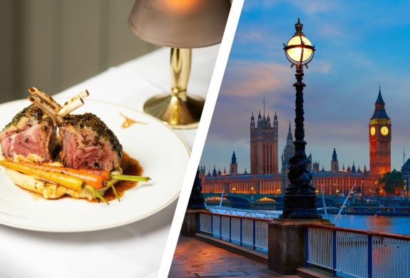 Split photo showing a meal at london steakhouse company and a london street scene at night