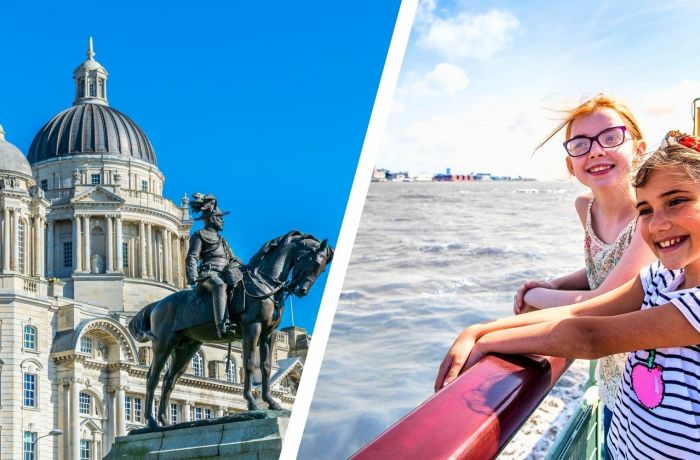 Split photo showing to young girls on a liverpool river cruise and a liverpool street scene