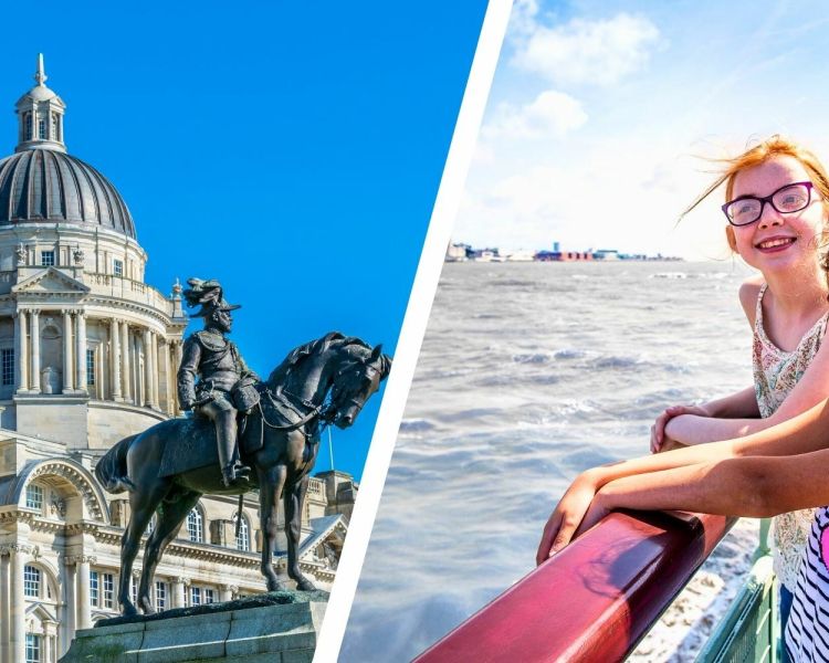 Split photo showing to young girls on a liverpool river cruise and a liverpool street scene