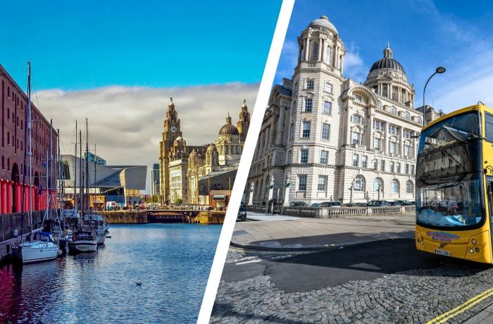 Split photo showing the albert docks in liverpool and a sightseeing tour bus on a liverpool street