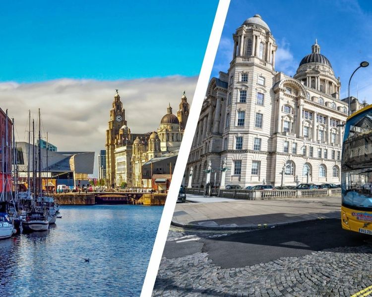Split photo showing the albert docks in liverpool and a sightseeing tour bus on a liverpool street