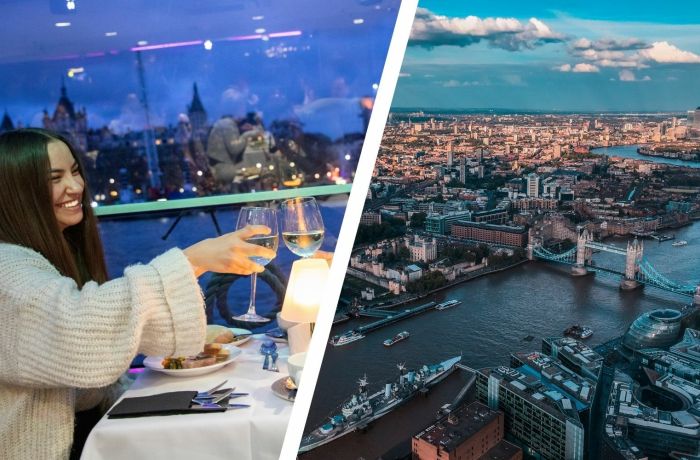 Split photo showing the Jazz Dinner River Cruise a Skyview of London