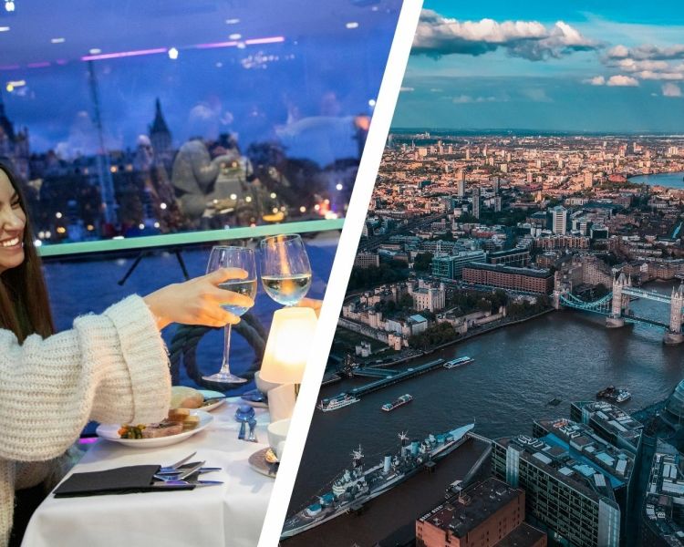 Split photo showing the Jazz Dinner River Cruise a Skyview of London