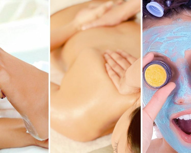 Split photo showing a pedicure back massage and facial treatment
